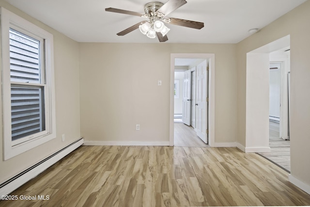 821 7th St, Rensselaer, NY 12144 - empty room featuring a baseboard heating unit, wood finished floors, and a ceiling fan