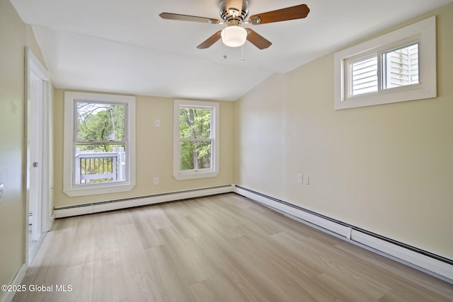821 7th St, Rensselaer, NY 12144 - spare room featuring light wood-style floors, baseboard heating, a ceiling fan, lofted ceiling, and a baseboard heating unit