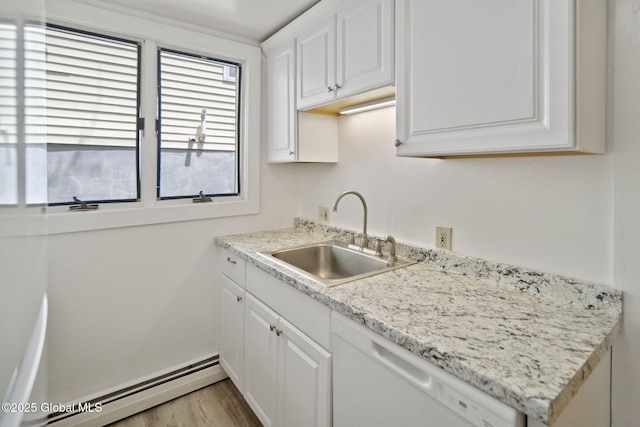 821 7th St, Rensselaer, NY 12144 - kitchen featuring baseboard heating, dishwasher, a sink, white cabinets, and light countertops