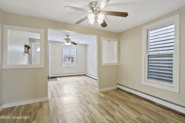 821 7th St, Rensselaer, NY 12144 - spare room featuring a baseboard heating unit, ceiling fan, light wood-type flooring, and baseboards