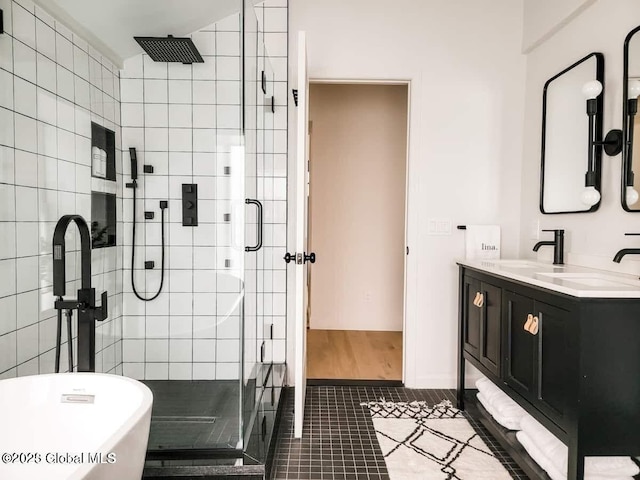 177 Glen Lake Rd, Queensbury, NY 12845 - full bathroom with a stall shower, tile patterned floors, a freestanding tub, and double vanity