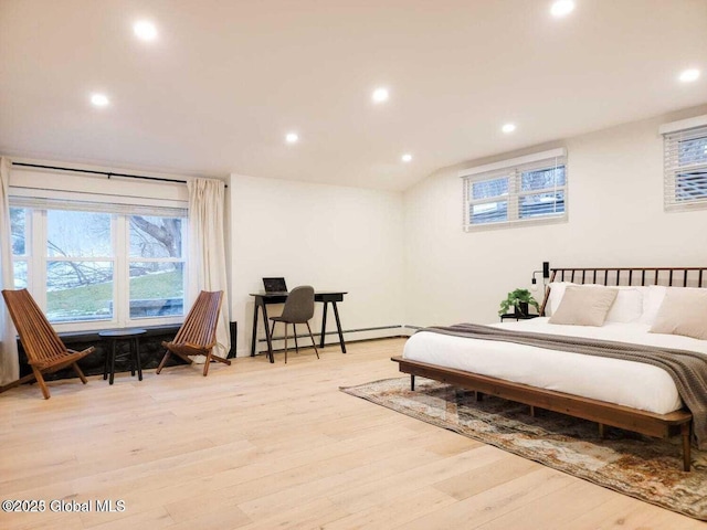 177 Glen Lake Rd, Queensbury, NY 12845 - bedroom featuring light wood finished floors, recessed lighting, multiple windows, baseboard heating, and vaulted ceiling