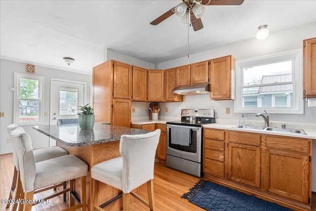 kitchen with stainless steel range with electric cooktop, a sink, ceiling fan, a breakfast bar, and light wood finished floors