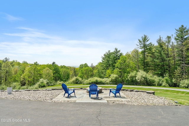 view of community with a patio, an outdoor fire pit, and a yard
