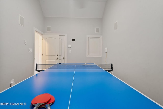 recreation room featuring lofted ceiling