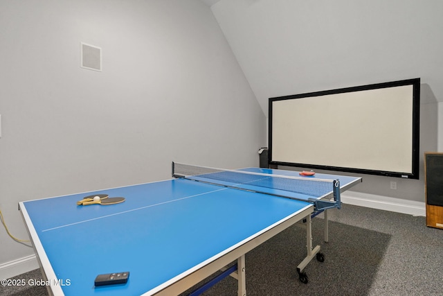 playroom featuring vaulted ceiling, carpet floors, and baseboards