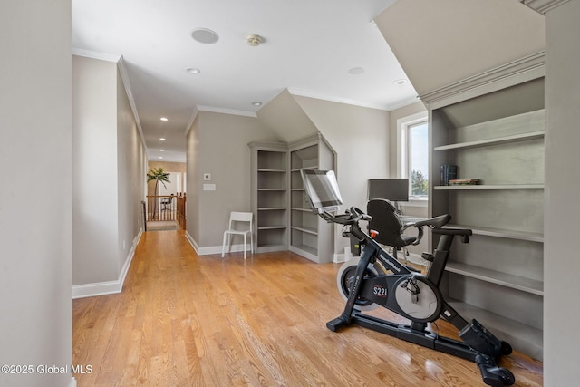 exercise area with crown molding, wood finished floors, baseboards, and recessed lighting