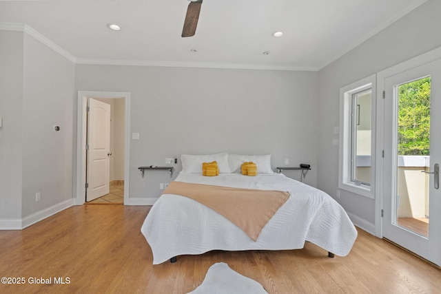 bedroom with access to outside, light wood-style flooring, ornamental molding, baseboards, and ceiling fan