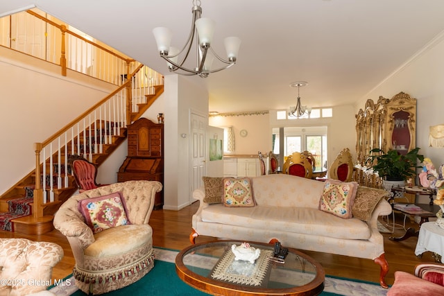 1435 Webster St, Malone, NY 12953 - living area featuring a chandelier, wood finished floors, and stairs