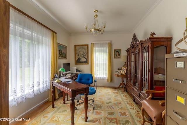 1435 Webster St, Malone, NY 12953 - office space with healthy amount of natural light, a chandelier, and ornamental molding