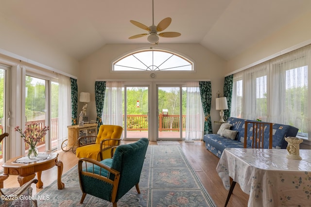 1435 Webster St, Malone, NY 12953 - living area with a ceiling fan, lofted ceiling, and wood finished floors