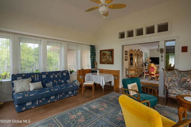 1435 Webster St, Malone, NY 12953 - living room featuring ceiling fan, lofted ceiling, and wood finished floors
