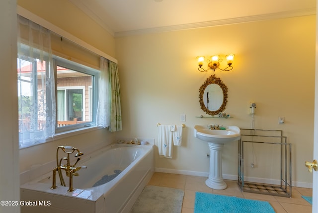1435 Webster St, Malone, NY 12953 - full bath with tile patterned floors, a garden tub, and ornamental molding