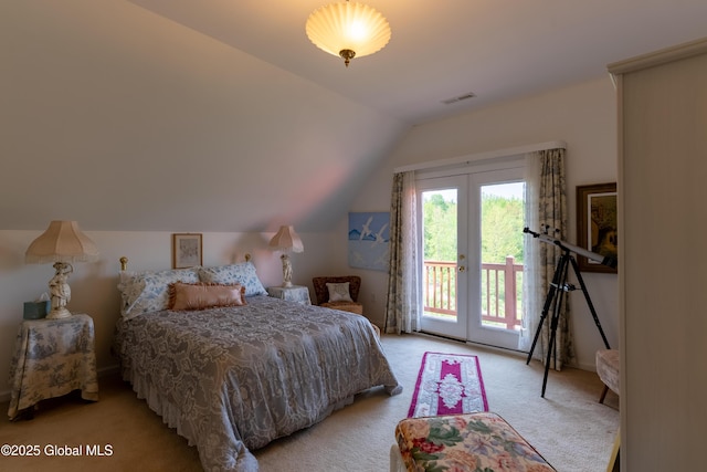 1435 Webster St, Malone, NY 12953 - bedroom featuring access to exterior, light carpet, lofted ceiling, and french doors