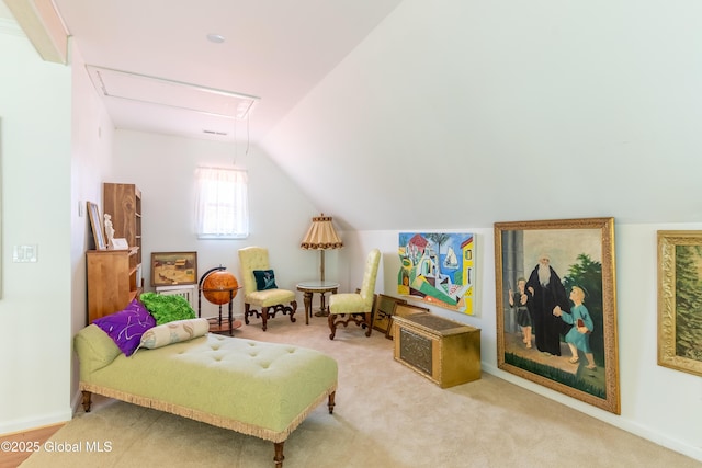 1435 Webster St, Malone, NY 12953 - living area with lofted ceiling, carpet flooring, and attic access