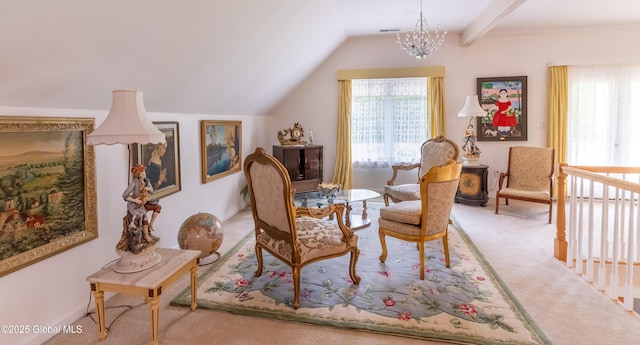 1435 Webster St, Malone, NY 12953 - living area with carpet flooring, healthy amount of natural light, vaulted ceiling, and a chandelier