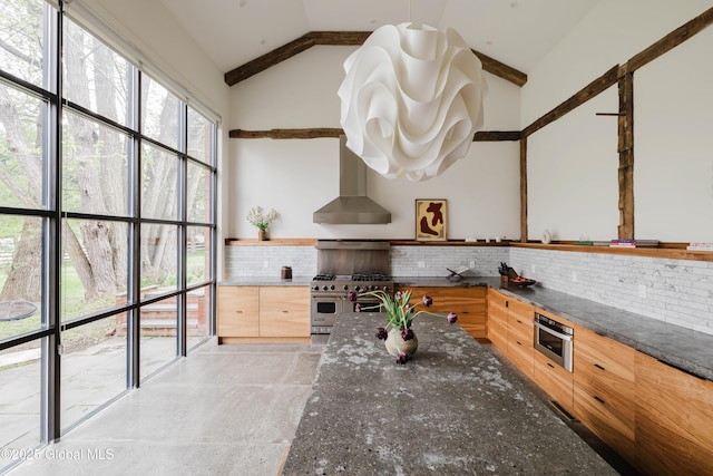 632 Albany Tpke, Chatham, NY 12136 - kitchen featuring range with two ovens, wall chimney exhaust hood, backsplash, open shelves, and high vaulted ceiling