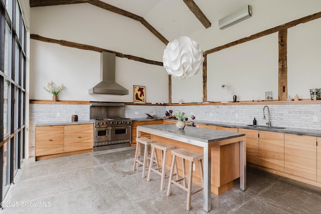 632 Albany Tpke, Chatham, NY 12136 - kitchen with wall chimney exhaust hood, a sink, range with two ovens, open shelves, and lofted ceiling