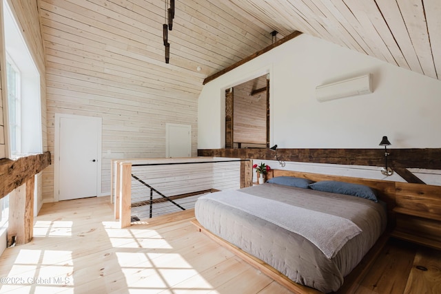632 Albany Tpke, Chatham, NY 12136 - bedroom featuring an AC wall unit, wood walls, light wood-style flooring, wooden ceiling, and beam ceiling