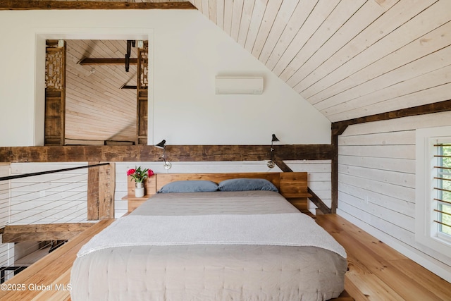 632 Albany Tpke, Chatham, NY 12136 - bedroom featuring lofted ceiling, wood finished floors, wooden walls, wood ceiling, and an AC wall unit
