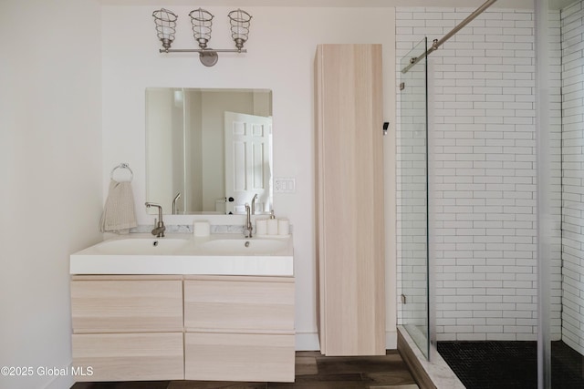 632 Albany Tpke, Chatham, NY 12136 - full bath featuring a stall shower, double vanity, and wood finished floors