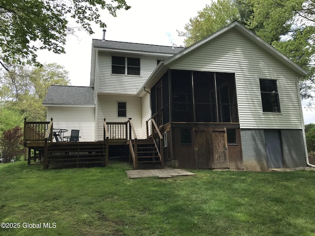 24 Fairmount Dr, Wilton, NY 12831 - rear view of house with stairs, a sunroom, a deck, and a yard