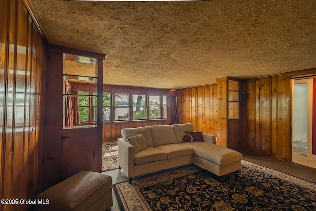 5518 Crooked St, Galway, NY 12074 - carpeted living room with a textured ceiling and wooden walls