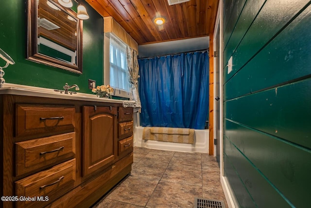 5518 Crooked St, Galway, NY 12074 - bathroom featuring shower / tub combo with curtain, vanity, and wooden ceiling