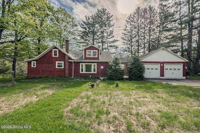 5518 Crooked St, Galway, NY 12074 - view of front facade with a chimney, a front yard, roof with shingles, an attached garage, and driveway