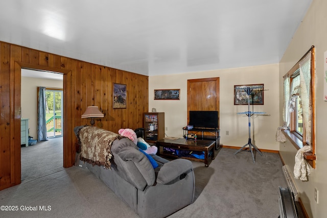 116 Medbury Rd, Greenfield, NY 12859 - living room with carpet flooring, wood walls, and baseboards