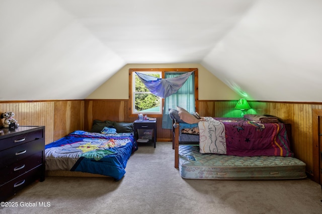 116 Medbury Rd, Greenfield, NY 12859 - carpeted bedroom with wooden walls, vaulted ceiling, and wainscoting