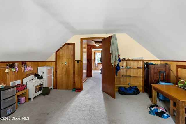 116 Medbury Rd, Greenfield, NY 12859 - additional living space featuring wood walls, vaulted ceiling, and carpet floors