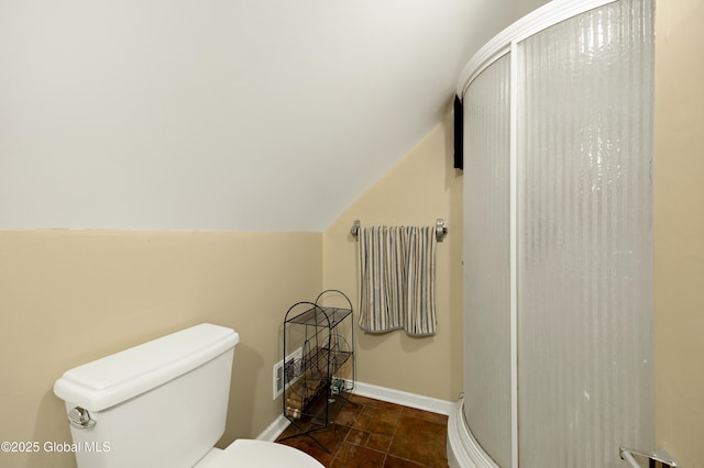 116 Medbury Rd, Greenfield, NY 12859 - bathroom featuring baseboards, a stall shower, toilet, stone finish floors, and vaulted ceiling