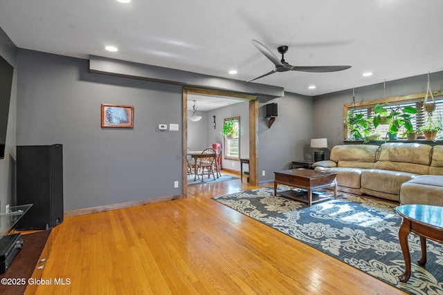 22 Center St, Fort Edward, NY 12828 - living room featuring a ceiling fan, light wood-type flooring, baseboards, and recessed lighting