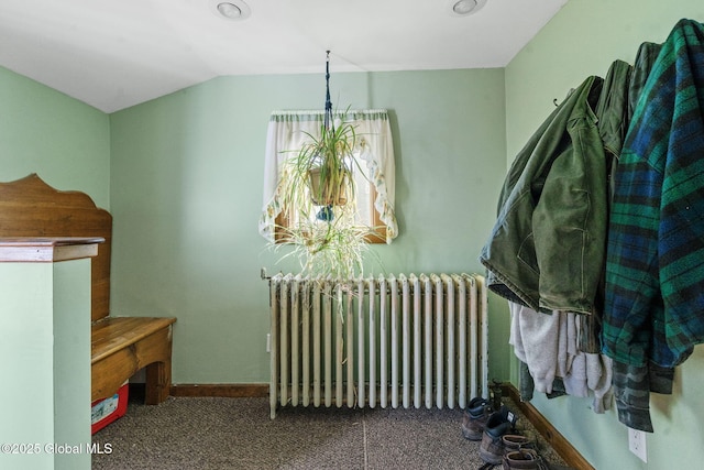 22 Center St, Fort Edward, NY 12828 - walk in closet featuring radiator, carpet flooring, and vaulted ceiling
