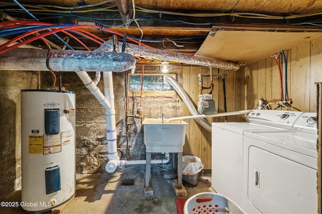 22 Center St, Fort Edward, NY 12828 - unfinished below grade area featuring electric water heater, washer and dryer, and a sink
