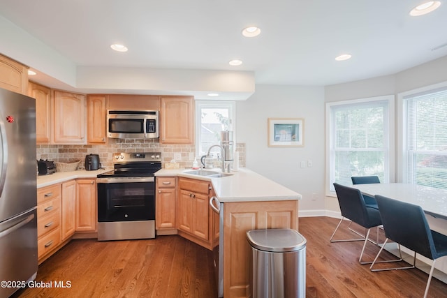 36 Greystone Dr, Guilderland, NY 12186 - kitchen with appliances with stainless steel finishes, light brown cabinets, a sink, a peninsula, and recessed lighting