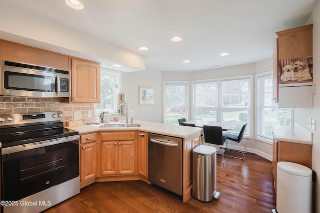 36 Greystone Dr, Guilderland, NY 12186 - kitchen with stainless steel appliances, a sink, a peninsula, dark wood finished floors, and recessed lighting