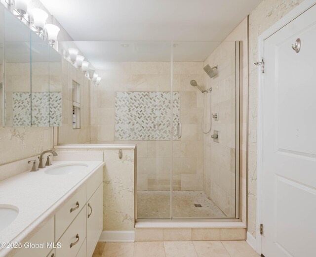 36 Greystone Dr, Guilderland, NY 12186 - full bath featuring a stall shower, tile patterned flooring, and double vanity