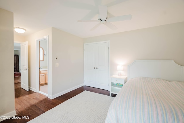 36 Greystone Dr, Guilderland, NY 12186 - bedroom featuring dark wood-type flooring, baseboards, ceiling fan, and a closet