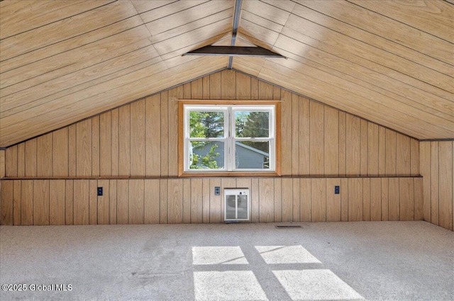60 Edmund Dr, Milton, NY 12020 - additional living space featuring heating unit, carpet floors, lofted ceiling, and wood walls
