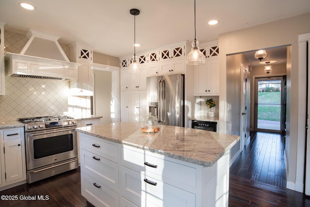 18 Alva St, East Greenbush, NY 12061 - kitchen featuring appliances with stainless steel finishes, custom exhaust hood, white cabinetry, and recessed lighting