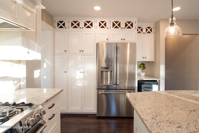 18 Alva St, East Greenbush, NY 12061 - kitchen with stainless steel appliances, beverage cooler, dark wood-type flooring, white cabinets, and recessed lighting