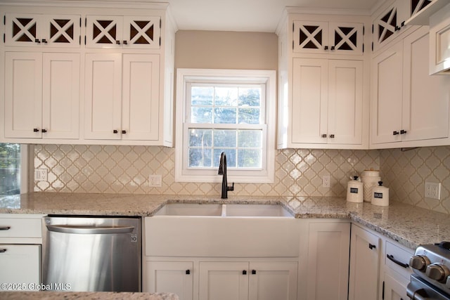 18 Alva St, East Greenbush, NY 12061 - kitchen featuring dishwasher, a sink, white cabinetry, and tasteful backsplash