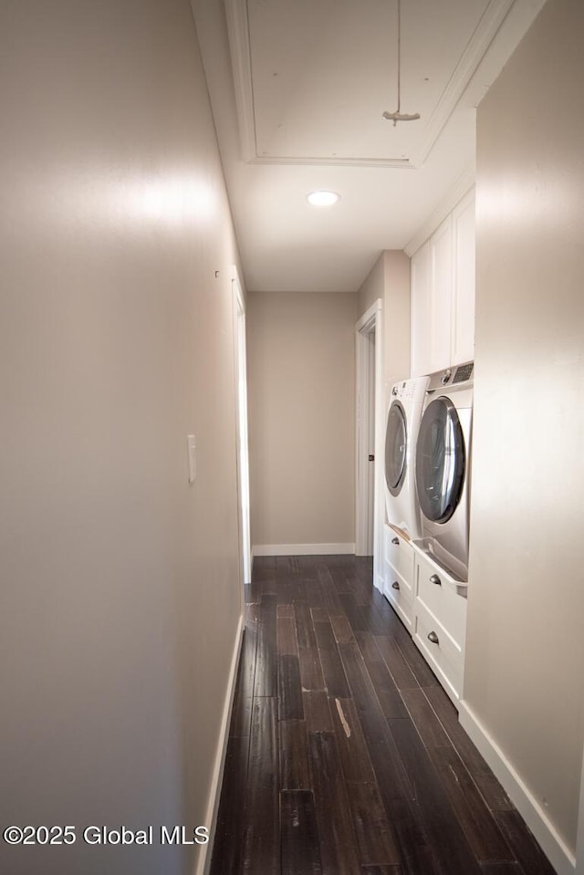 18 Alva St, East Greenbush, NY 12061 - clothes washing area featuring washer and clothes dryer, cabinet space, baseboards, attic access, and dark wood-style floors