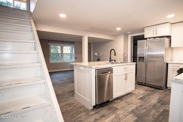 18 Alva St, East Greenbush, NY 12061 - kitchen with appliances with stainless steel finishes, a sink, a center island with sink, dark wood finished floors, and recessed lighting