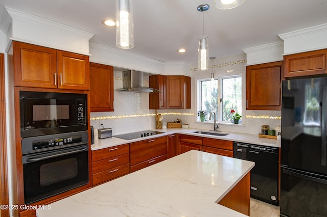kitchen with black appliances, a sink, wall chimney exhaust hood, backsplash, and crown molding