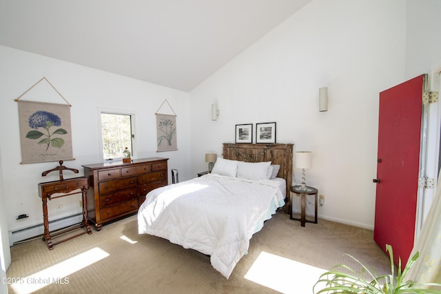 bedroom with carpet floors, a baseboard heating unit, high vaulted ceiling, and baseboards
