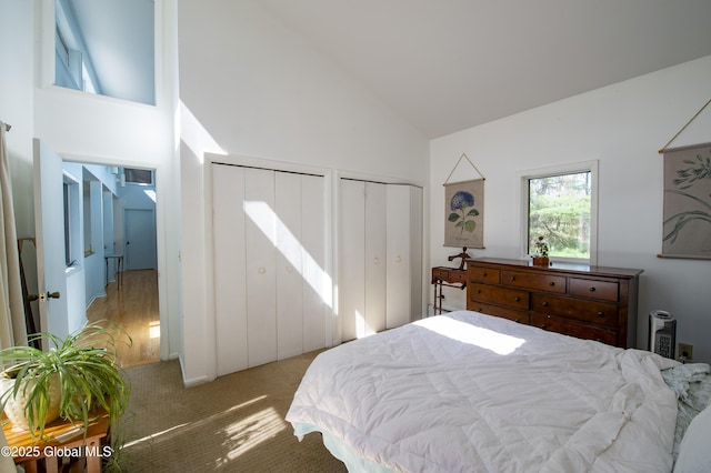 bedroom featuring high vaulted ceiling, multiple closets, and light carpet