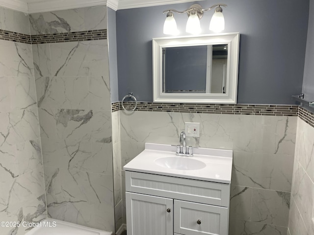 2112 Gray St, Rotterdam, NY 12306 - bathroom featuring vanity, a walk in shower, and crown molding